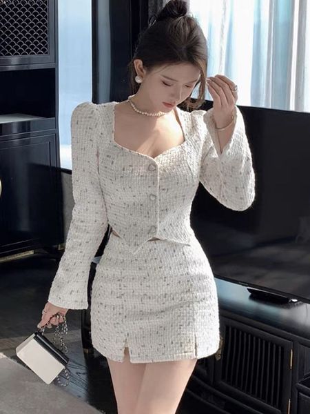 

two piece dress small fragrance high sense tweed 2 piece set women short jacket coat skirt sets korean fashion sweet elegant two piece suits, White