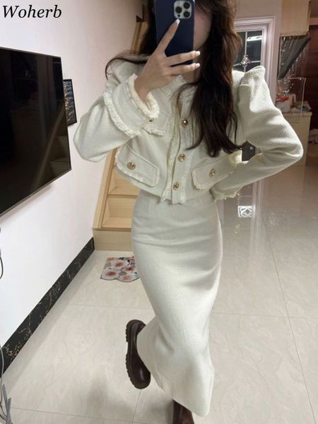 

two piece dress woherb korean chic two piece sets cropped tweed jacket coats high waist split pencil skirts elegant party outfits conjuntos, White