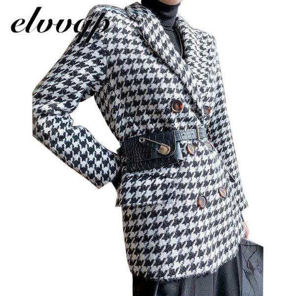 

pants blazer woolen coat women autumn winter fashion elegant double breasted plaid thick office work jacket suit with waist bag lu1786, White