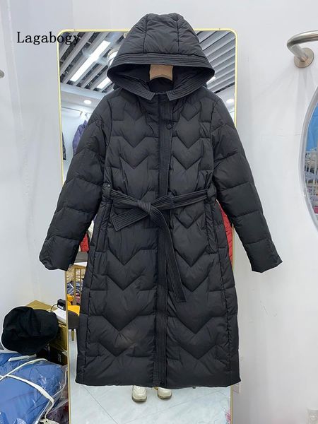 

parkas lagabogy 2022 winter warm thicken white duck down jacket parkas women long hooded windbreaker coat female outerwears with belt, Black