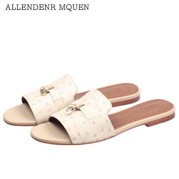 

slippers highquality womens leather slippers summer ostrich sandals flat casual comfortable large size seaside holiday wo 230421, Black