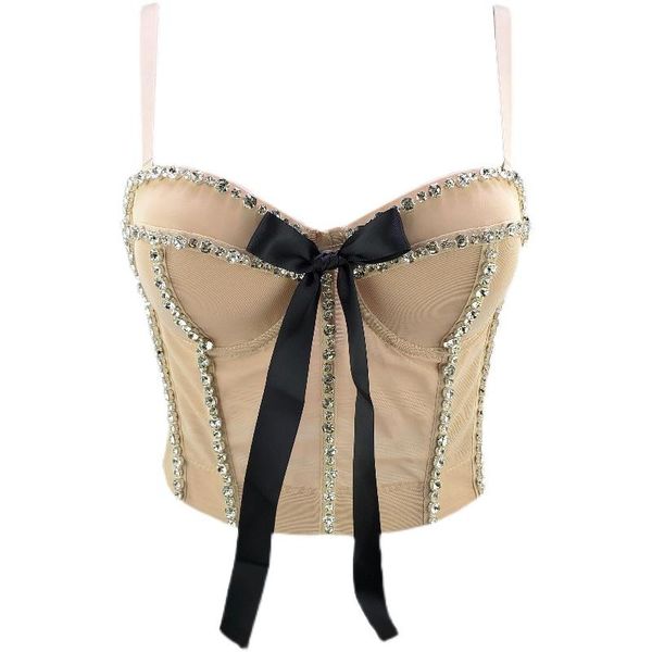 

t-shirt women new fashion beaded rhinestone bow mesh camisole wear sleeveless ropa de mujer short bustier corest crop s218, White