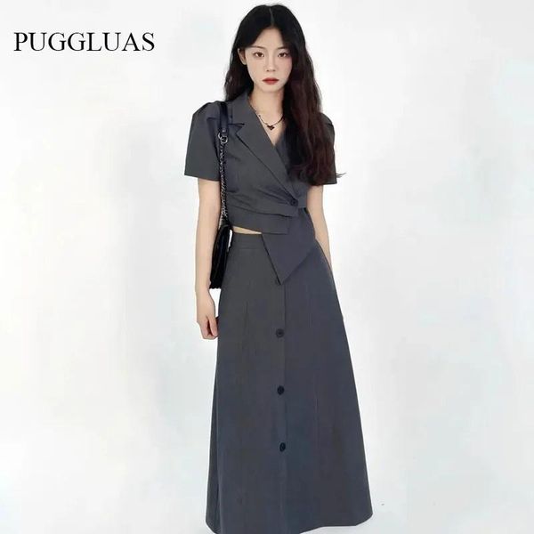 

dress fashion blazer suit women's summer new design crop + aline skirt elegant gray twopiece set dresses office lady robe sets, White