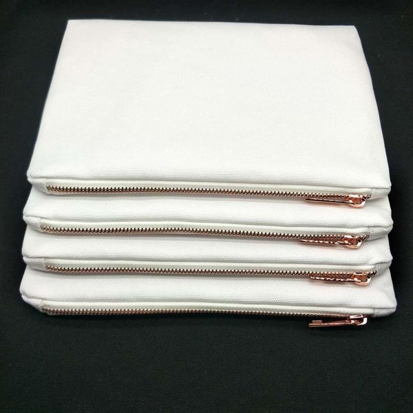 

50pcs lot 7x10in blank white 12oz thick 100%poly canvas makeup bag with rose gold metal zip for sublimation print blank cosmetic b307r
