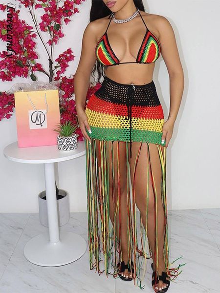 

dress women knit chochet tassel bodycon mini skirt bra set crop camis hollow out dress two 2 piece set outfits summer beach suit, White