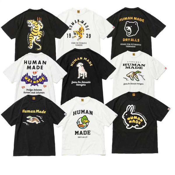 

t shirt human made slub cotton round neck loose t-shirt cartoon animal print short sleeve, White;black