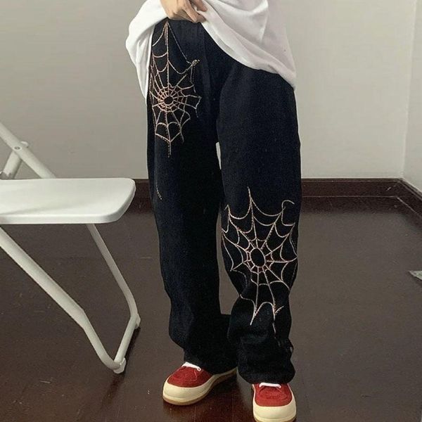 

pants men's pants spider web embroidery flower trousers tide brand ins high street hiphop men and women loose straight casual pants, Black