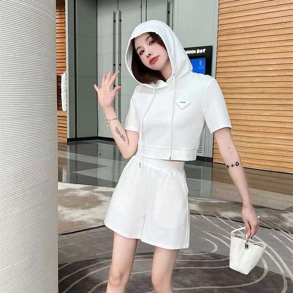 

34% off family spring/summer new casual simple chest triangle decorative hoodie+straight short set, White