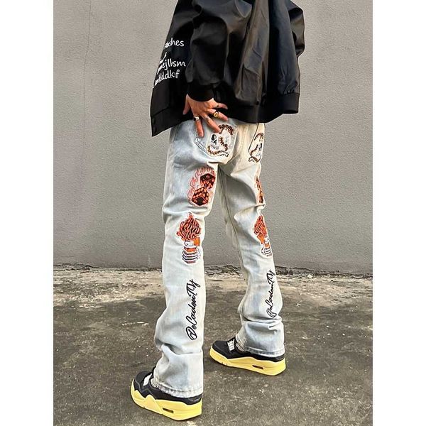 

men's pants american street popular flame skull embroidered jeans men retro goic style straight leg pants men cloing y2k mens jeans g23, Black