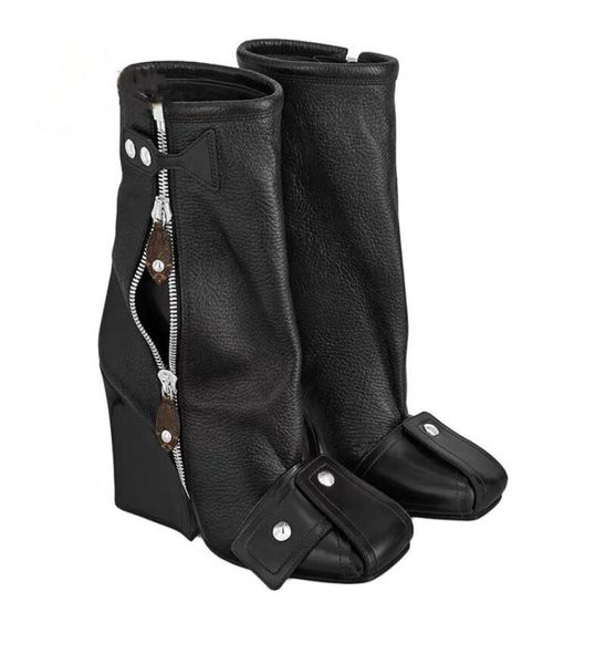 

2021 lady women sheepskin leather chuckly high heels ankle boots square toe half knee catwalk rivets zipper shoes martin buckle si7239682, Black