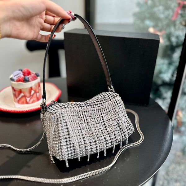 

ladies tassel glitter rhinestone shoulder bags genuine leather strap simple underarm purse silver metal hardware chain crossbody shimmer bli