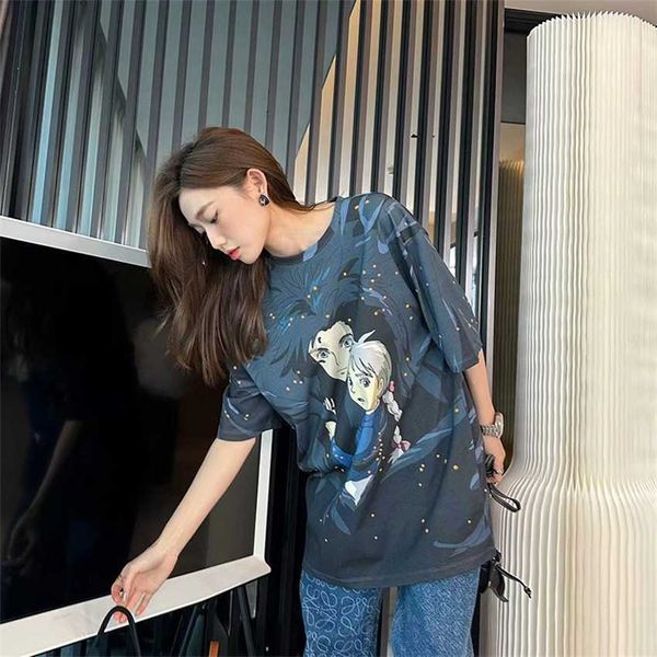 

summer new luo family cartoon comics loose fit couple short sleeve t-shirt, White