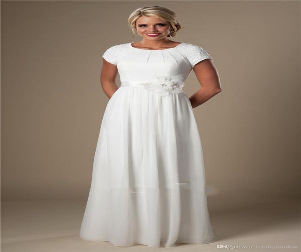 

ivory beaded chiffon beach modest wedding dresses with cap sleeves aline temple bridal gowns informal summer wedding gowns new ch8740021, White