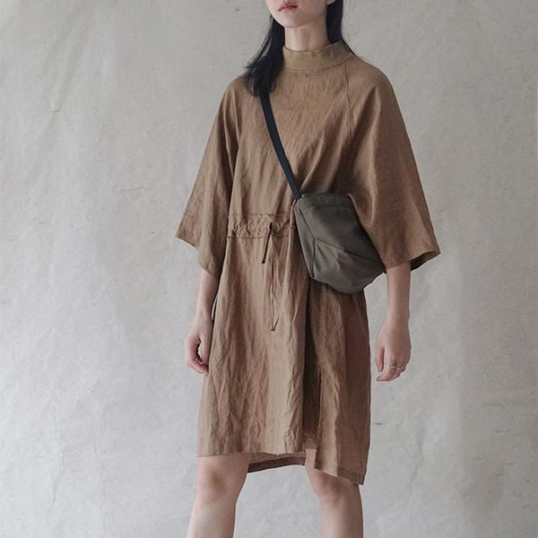 

dresses johnature women linen pullover dresses solid color belt half sleeve loose patchwork robes 2021 summer vintage kneelength dress, Black;gray