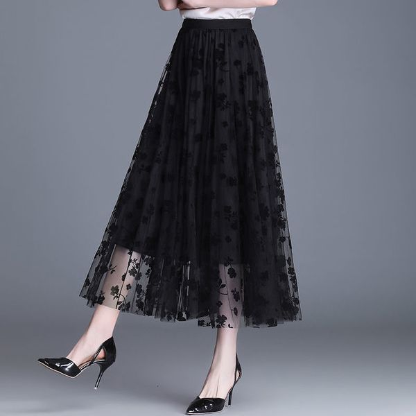 

skirts mesh half-length skirt floral pleated a-word big skirt women long high waist slim gauze skirt 230422, Black