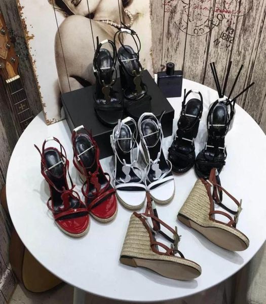 

newst cassandra wedge espadrilles designer sandals leather pumps straw weaving parting wedding dress shoes ankle strap platform sa5956753, Black