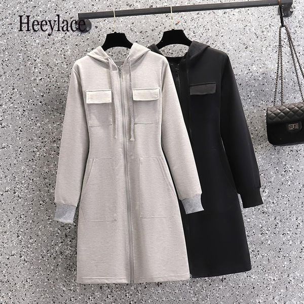

dresses women autumn hoodies long sleeve zipper dresses sportswear pockets solid vestidos korean casual dresses jogging, Black;gray