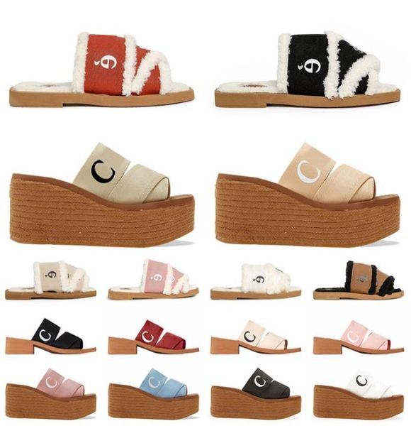 

2023 new designer luxury sandals womens slippers flat platform mules fur canvas slider slides black white pool ladies straw casual1217898