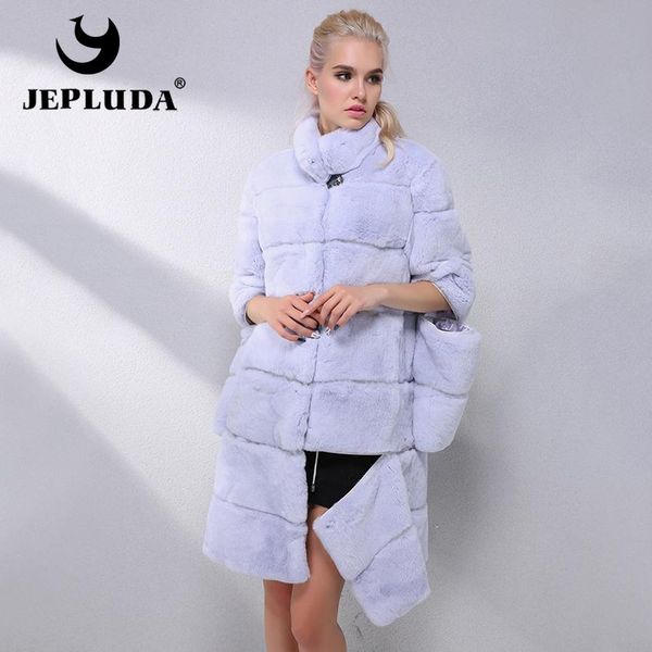 

fur jepluda elegant women various colors natural real rex rabbit fur coat sleeve and hem detachable real fur coat warm fur jacket, Black