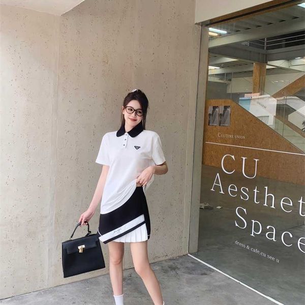 

family summer new fashion classic triangle contrast polo sleeve t+irregular pleated short skirt, White