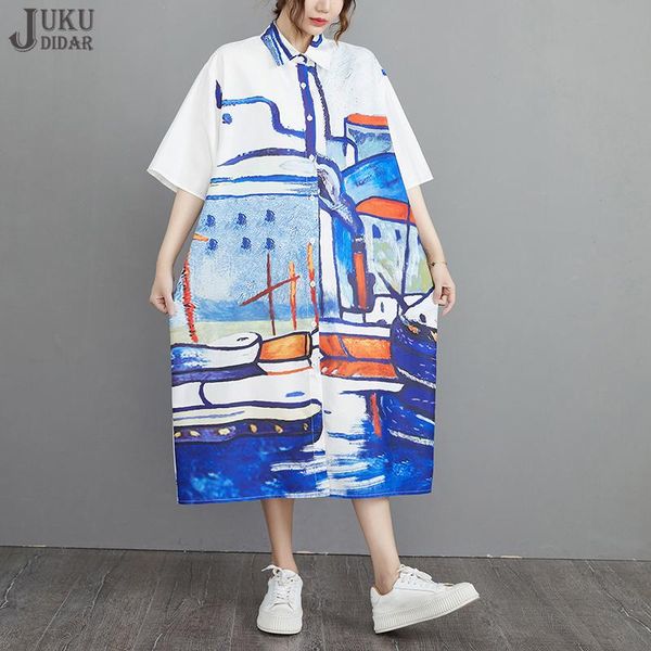 

dresses loose fit straight big size new summer paper printed blue shirt dress unique japanese style casual wear large dress robe jjxd192, Black;gray
