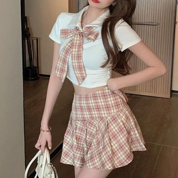 

dress summer short sleeve tshirt white crop women jk skirt set fashion bow tie plaid aline mini lolita kawaii harajuku suit