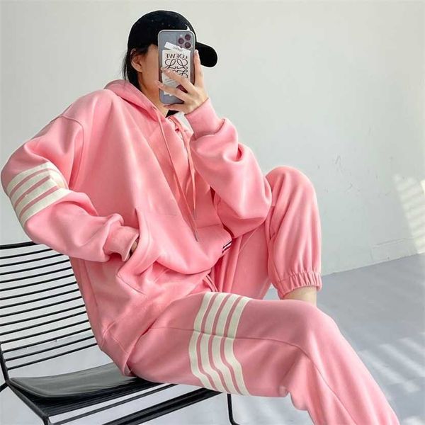 

26% off clothing designer quality six color hooded drawstring sleeves with four stripes printed couple style sweater+elastic waist pants set, White