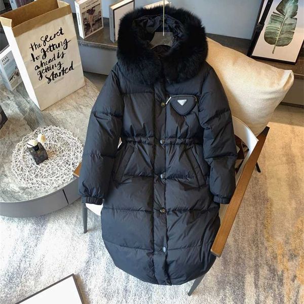 

new family triangle true fox fur collar long women's waist white goose thickened down coat, Black