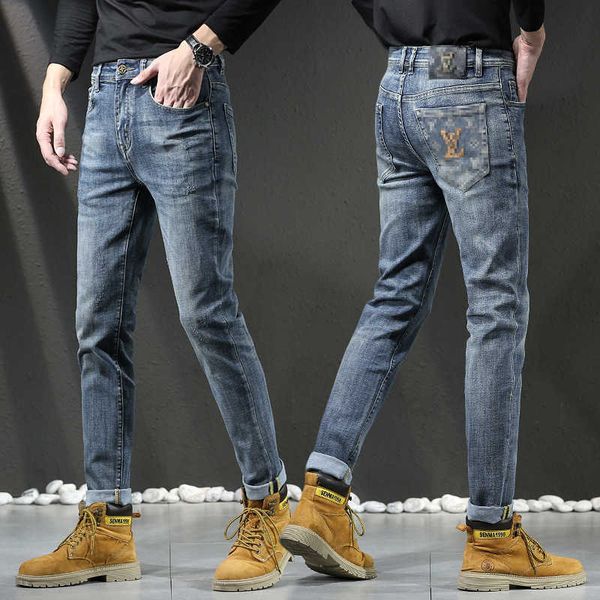 

men's jeans designer autumn and winter new product jeans men's quality big cow slim fit small feet men's long pants trendy me, Blue