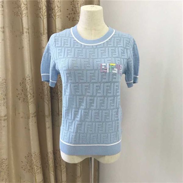 

30% off feng summer new round neck hollow out letter jacquard short sleeve ice silk knit women's t-shirt, White;black