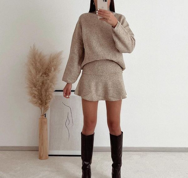 

dress xeasy autumn women vintage casual twopiece set khaki loose pullover sweater female streetwear knitted high waist mini skirt set, White