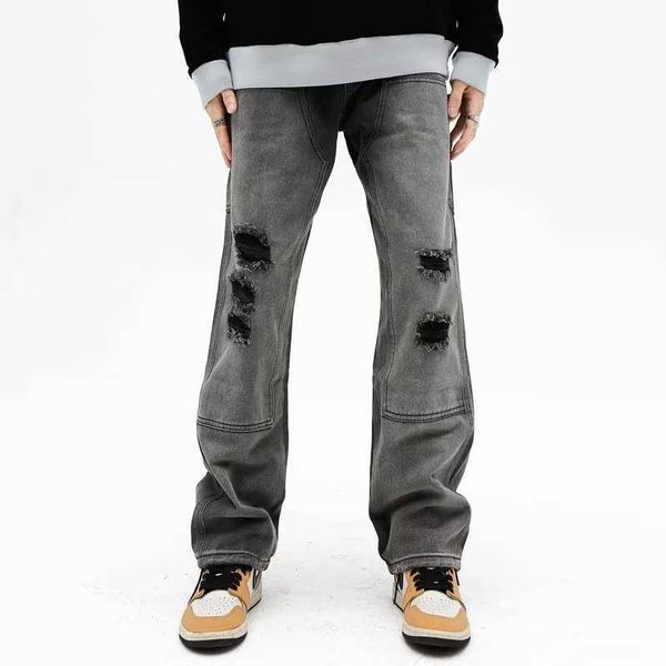 

men's pants style ripped hole vintage grey baggy men cargo jeans pants y2k cloes straight hip hop cotton trousers pantalon, Black