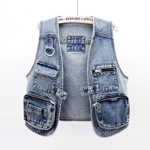 

vests summer new korean fashion big pocket short denim vest women casual washed blue waistcoat sleeveless jacket jeans vests female, Black;white