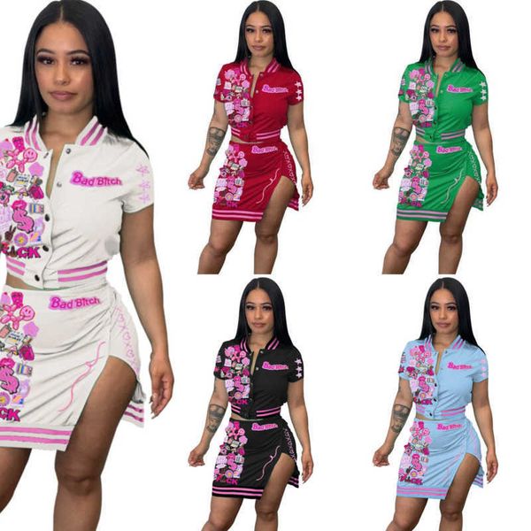 

2023 wholesale designer tracksuits womens button threaded printing personalized two piece dress set skirts suit, Gray