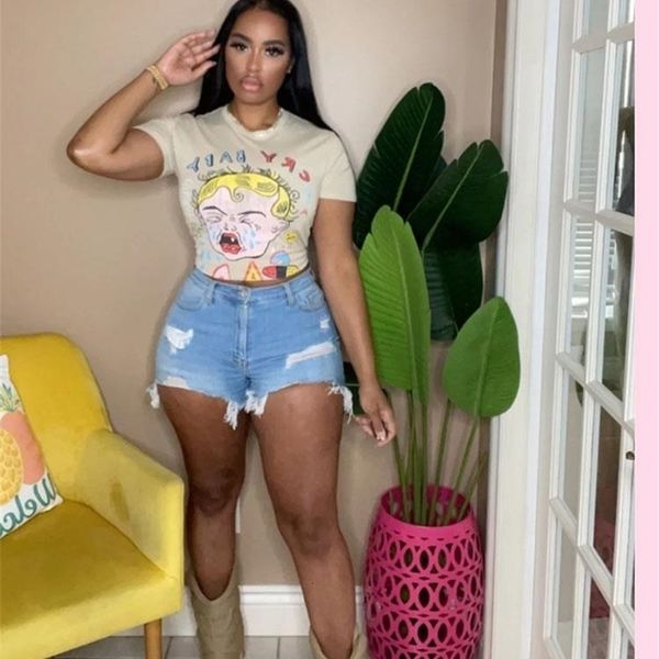 

women s t shirt fqlwl fall streetwear outfits clothing for women o neck short sleeve crop apricot graphics print tee shirts female l230421, White