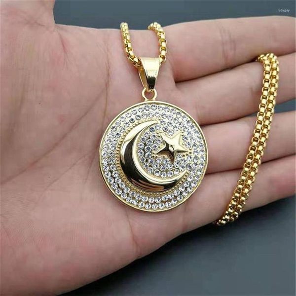 

pendant necklaces muslim crescent moon and star stainless steel round necklace hip hop iced out women men islamic jewelry drop295l, Silver