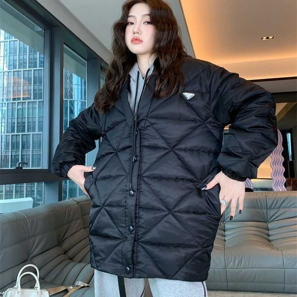 

30% off family autumn winter new nylon triangle label diamond grid filled full warm casual and versatile cotton coat, Black