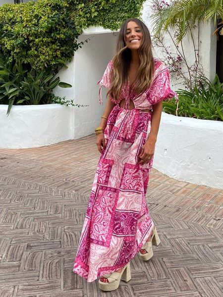 

dresses women patchwork print long dress vintage vneck cuffs drawstring lace up dress 2022 summer female chic club party robe, Black;gray