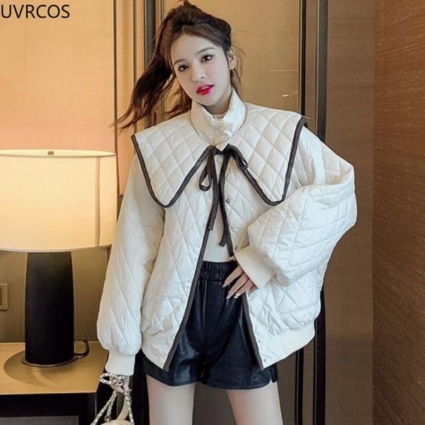 

leather winter sweet warm cotton coats women cute turndown collar loose casual padded jacket solid color single breasted office clothes, Black