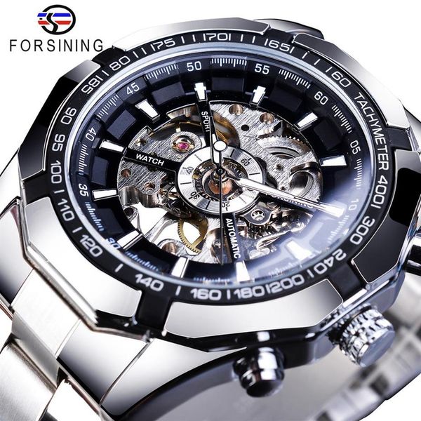 

forsining stainless steel waterproof mens skeleton watches brand luxury transparent mechanical sport male wrist watches273l, Slivery;brown