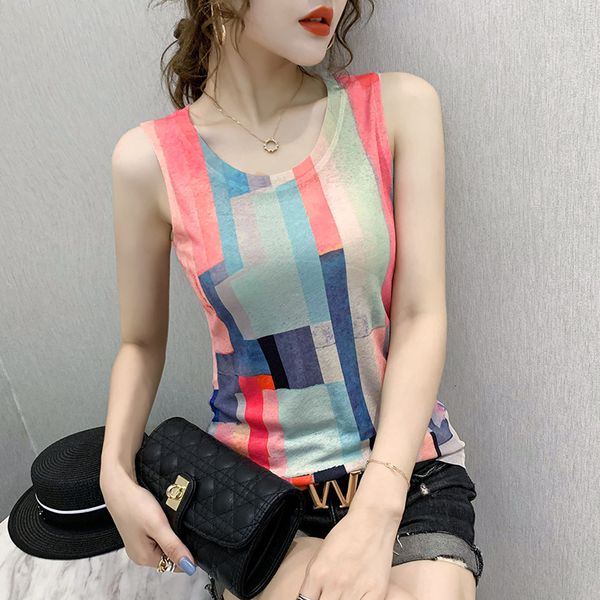

women's tanks camis 5327 printed tank basic femme o neck casual vintage party slim sleeveless crop summer 230422, White