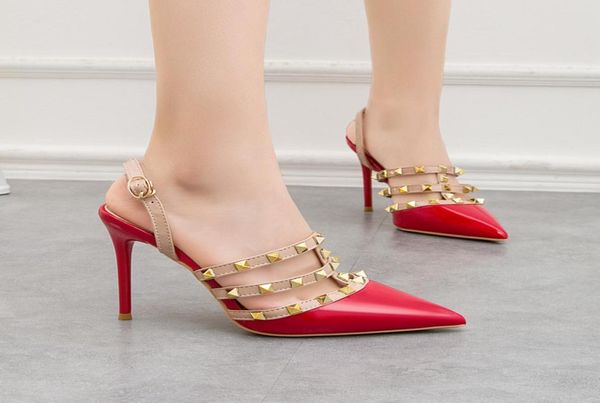 

designer pointed red wedding party pumps roman style rivets 10cm thin high heels nightclub shoes back empty 5 colors6996041, Black