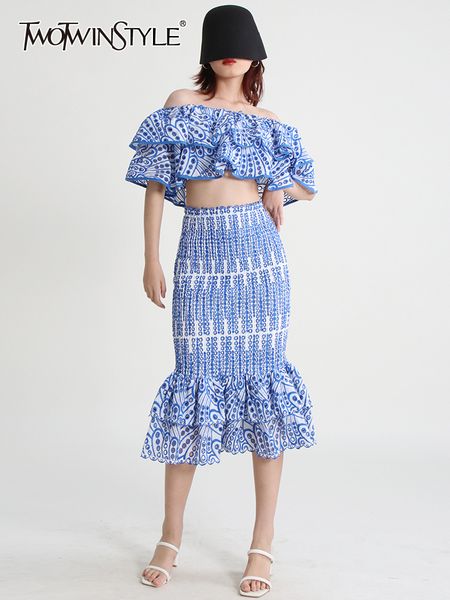 

two piece dress twotwinstyle ruffle trim two piece set womens skew collar off shoulder short high waist midi skirts female sets fashion 230, White