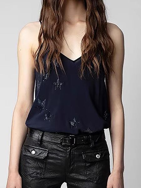 

t-shirt zessam star drill graphic print women sling vest sleeveless slim lace lady pullover casual classic simplicity femme, White