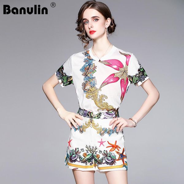 

dress banulin summer runway two piece short set for women short sleeve vintage and aline pocket short suit womem clothes n66649, White