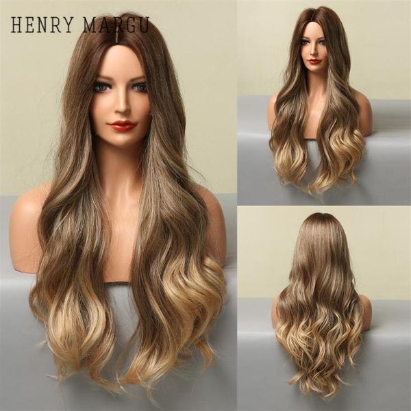 

synthetic wigs henry margu long brown blonde ombre wavy natural cosplay daily for women middle part hair wig heat resistant281d, Black