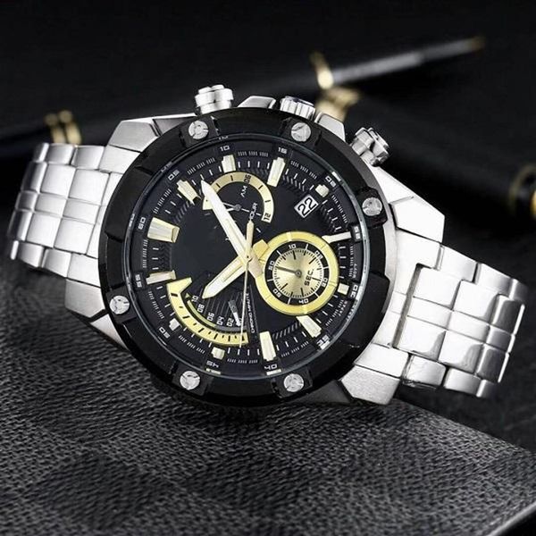 

selling efr-550 iced out watch casual sports men's watch steel band quartz watch all hands can work2865, Slivery;brown
