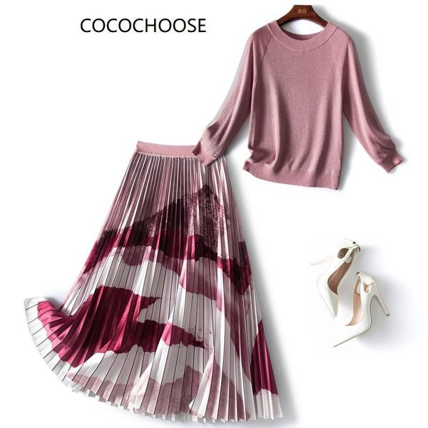 

dress 2022 autumn winter two piece set women outfits dress sets elegant long sleeve lurex knitted sweater and pleated skirt suits, White