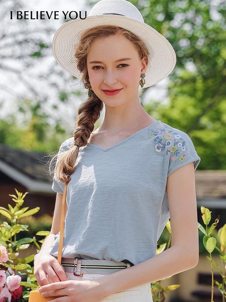 

t-shirt i believe you summer women's tshirt embroidered vneck short sleeve tshirts slim cotton tshirt women dtx192515a, White