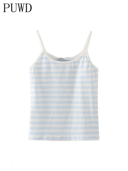 

women's tanks camis puwd casual women blue stripe tank summer fashion ladies falsie slim print patchwork female chic soft cotton 23042, White